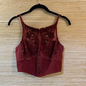 Free people crop lace red burgundy button up boho top tank Small